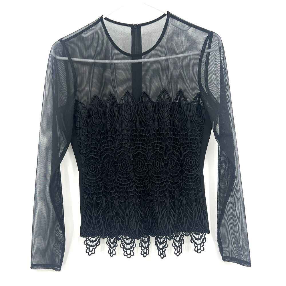 J.R. Nites by Caliendo Black Mesh Lace Long Sleeve Top Sheer Evening Blouse Sz 8